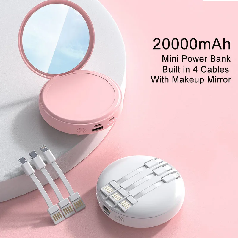 

Mini Power Bank 20000mAh With Makeup Mirror Cables Portable Charger External Battery Pack Powerbank for iPhone 14 Samsung Xiaomi