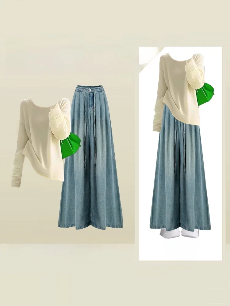 

Laid-ba Korean Sle Women's Early Autumn Loose Feel Top And Wide Leg Jeans Two Piece Set Comfortable Long Sve round Nec...