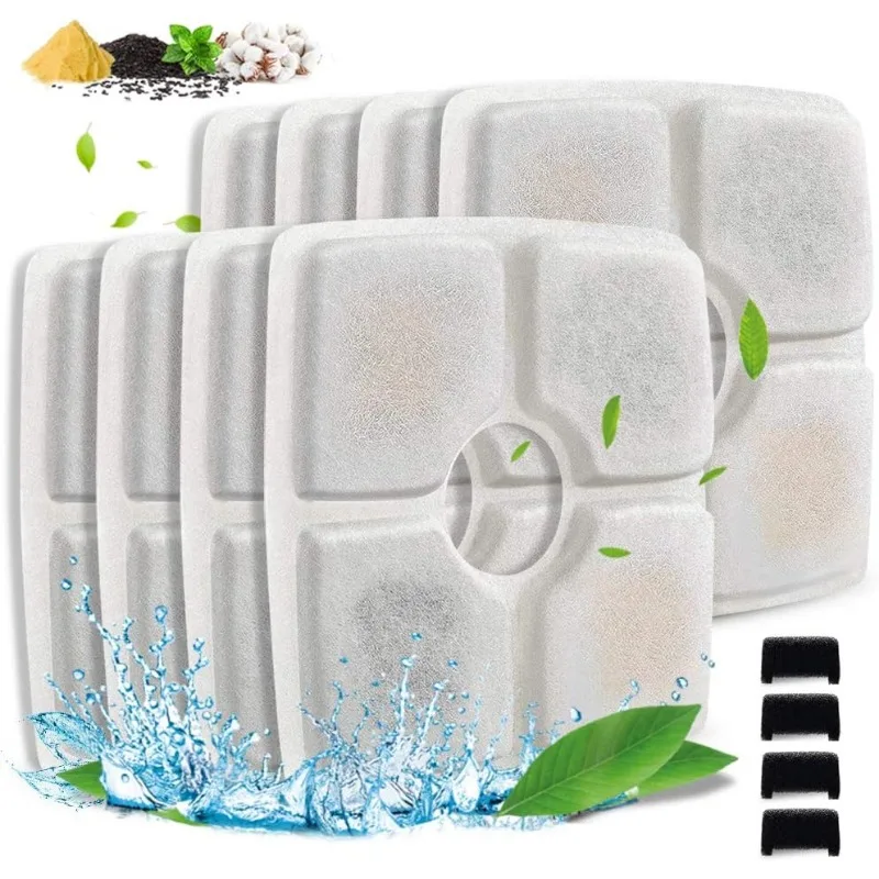 Pet Fountain Filter Set,8 Pack 3 Triple Filtration System Replacement Water Fountain Filters& 4 Pre-Filter Sponges for 84oz/2.5L