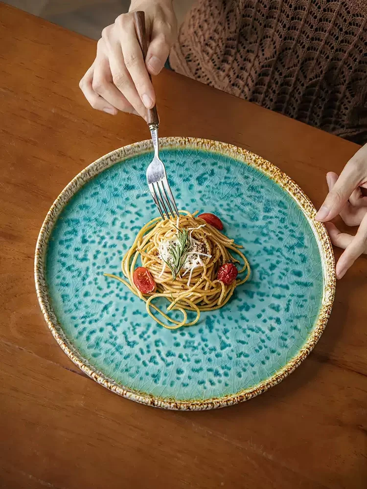Crackle Glaze Turquoise Ceramic Dinner Plates Vintage Round Porcelain Serving Dish For Steak Pasta Sashimi Restaurant Tableware