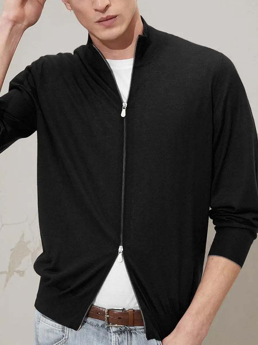 Italian Luxury Wool And Silk Blend Knitted Cardigan Men's Stand Collar Sweater for Autumn Business Casual Slim Fit Long Sleeve