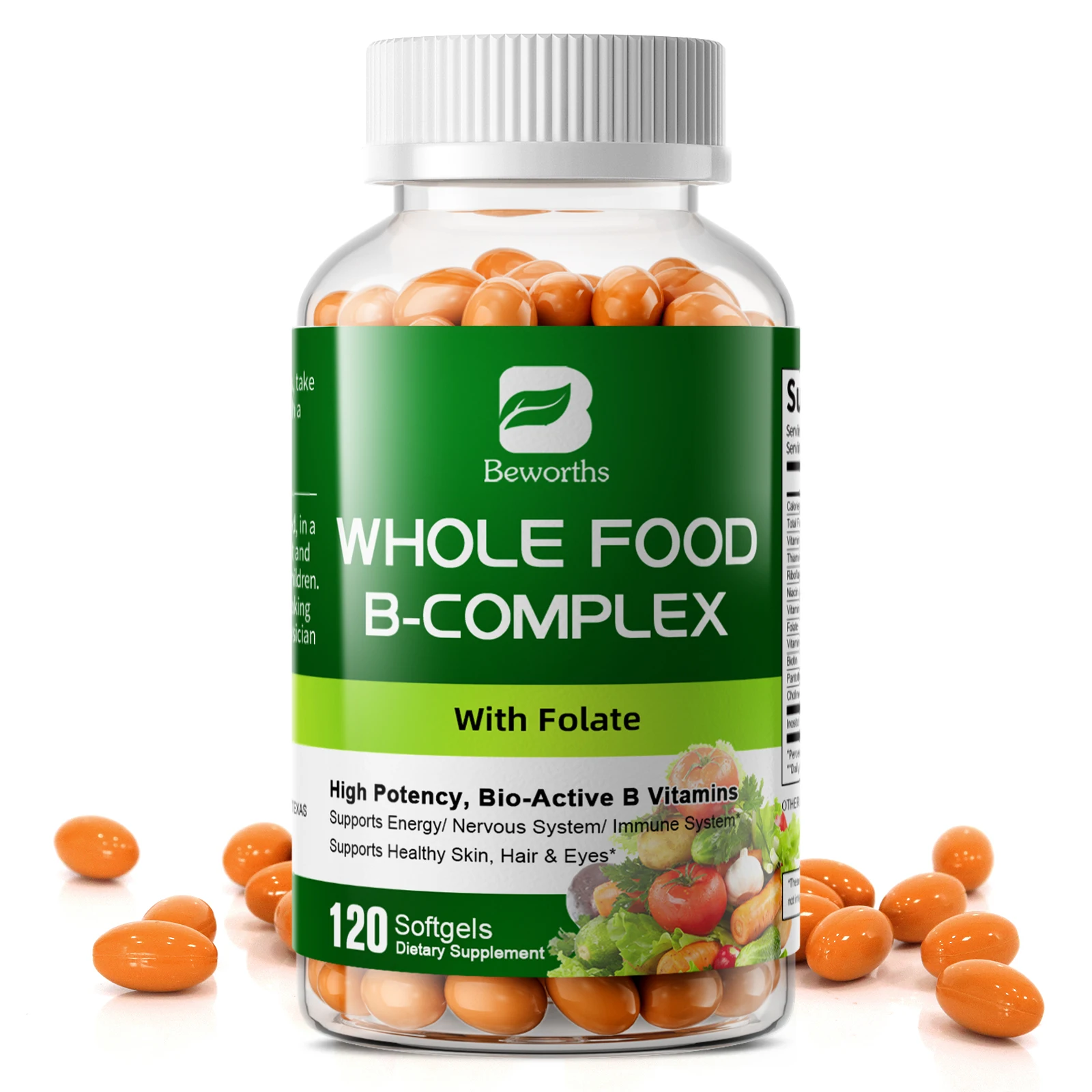 BEWORTHS Vitamin B Complex Capsules B1,B2,B3,B5,B6,B7,B12 Whole Food Supplement for Stress, Energy and Immune Support Non-GMO
