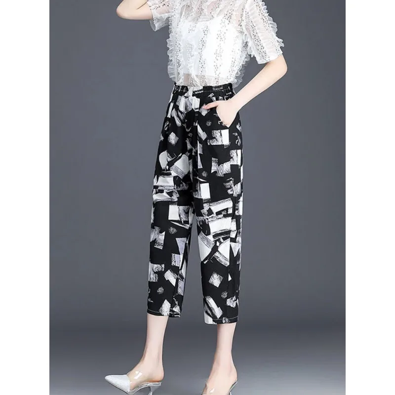 New Mom's Vintage Summer Print Harem Pants Baggy Women High Waist Capris Pantalones Fashion Big Size 4xl Cotton Thin Sweatpant