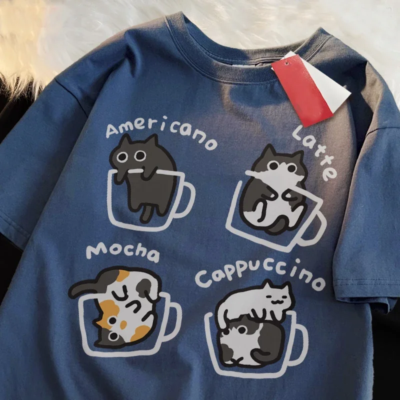 Trendiges Katzen-Kaffee-Motiv Baumwoll-Sommer-Lose-Kurzarm-T-Shirt für Männer und Frauen, Mocha Latte Katze Drei Blumen Lustige Katzen-T-Shirts – Detail 2