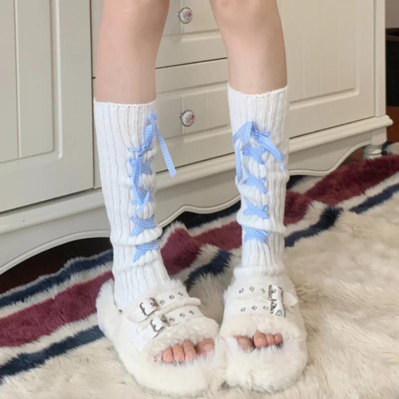 

Women Leg Warmers Autumn Winter Ribbon Lolita Black Knee Warmers Long Socks for Girl JK Knitted Girl White Leg Warmers