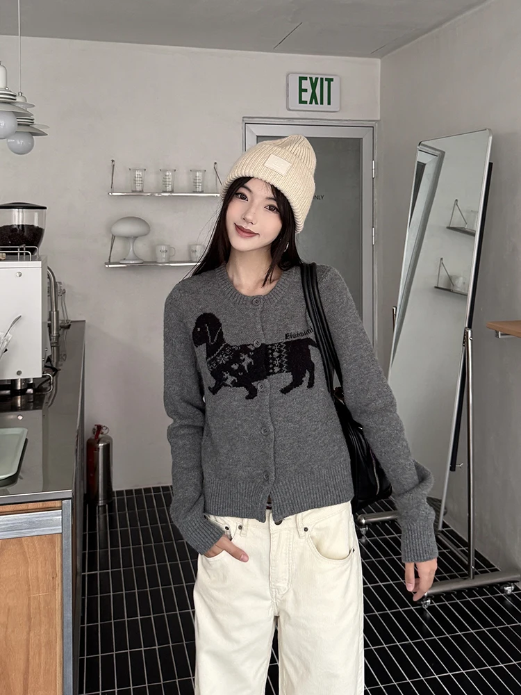 

URKR Knitted ort Cardigan Women's Early Autumn Sausage Dog Embroidery Korean Sle Sweater Jaet Lazy Design Unique