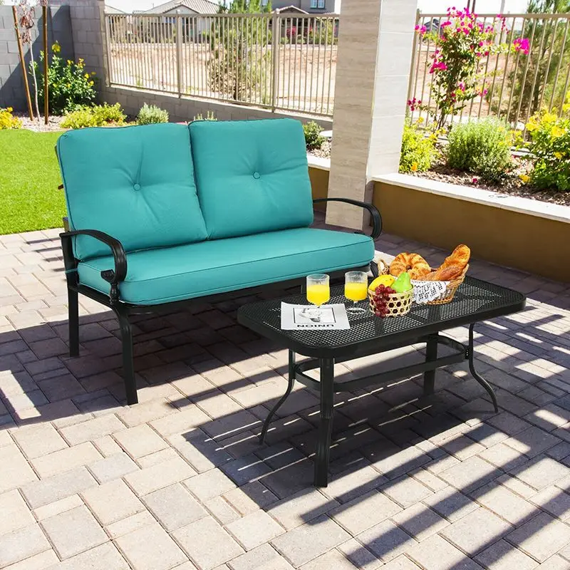 Garden double table and chairs, turquoise upholstered steel frame outdoor furniture