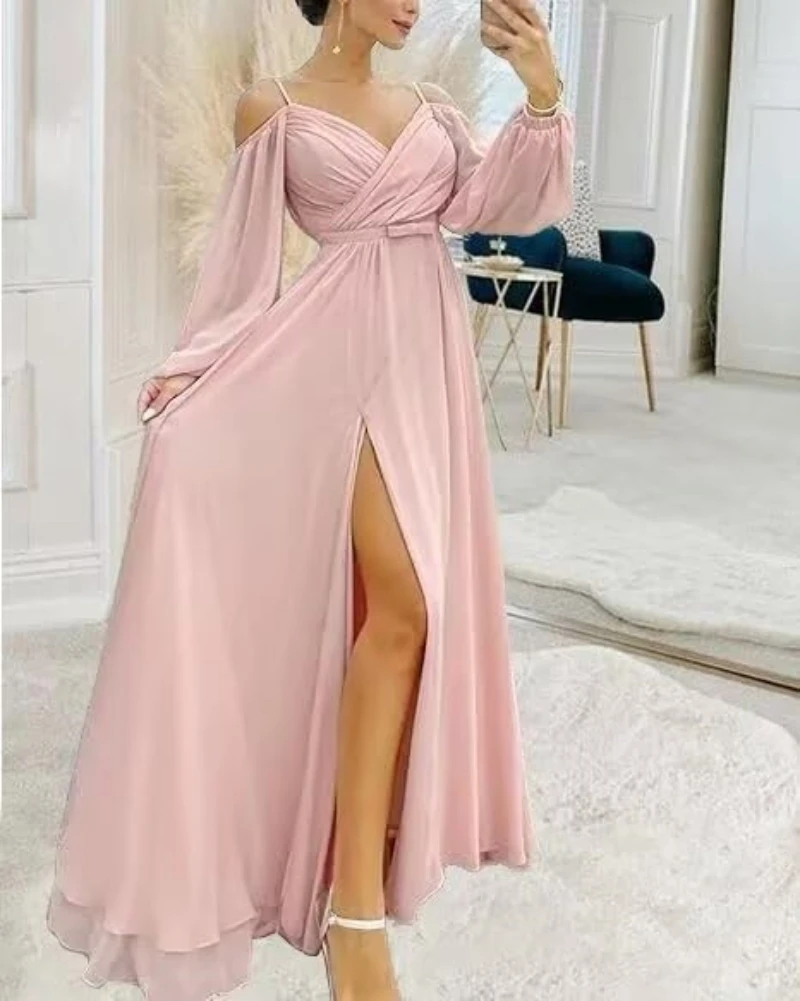 

Long Sleeve Bridesmaid Dresses for Wedding Cold Shoulder Chiffon A Line V Neck Formal Evening Dresses with Slit