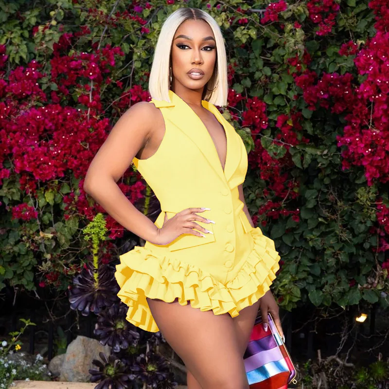 Elegante senhora sólido plissado hem playsuits 2025 verão feminino sem mangas com decote em v botão elegante ol festa rua curto macacão