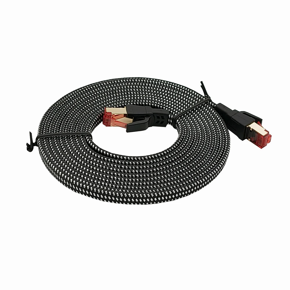 Kabel RJ45 CAT8 1M/2M/3M, patch cord SFTP, kabel jaringan flat wire braided 40G