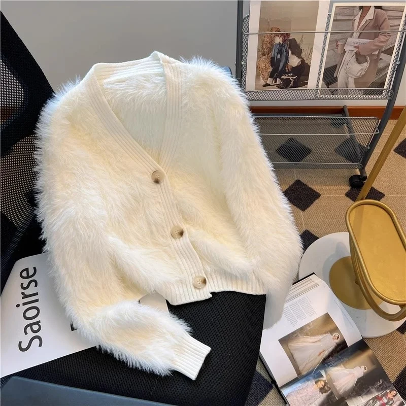

Thiened V-Ne Knitted Cardigan Soft Faux Fur Outerwear Spring Autumn Sle Milk White Lazy Sweater Top Korean Version