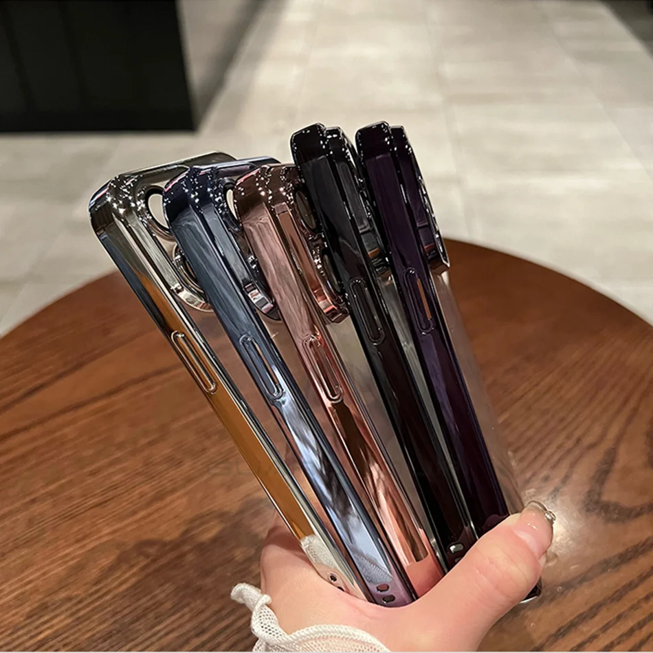 Luxury Plating Transparent Case For iPhone 11 12 13 14 15 Pro Max Mini X XS XR 7 8 Plus Full Camera Protection Clear Cover TPU