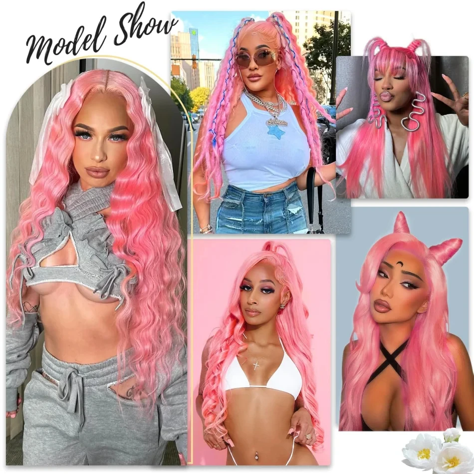 38 Polegada onda do corpo perucas de cabelo humano rosa wig13x6 13x4 perucas dianteiras do laço 220 densidade cabelo brasileiro para as mulheres luz rosa colorido