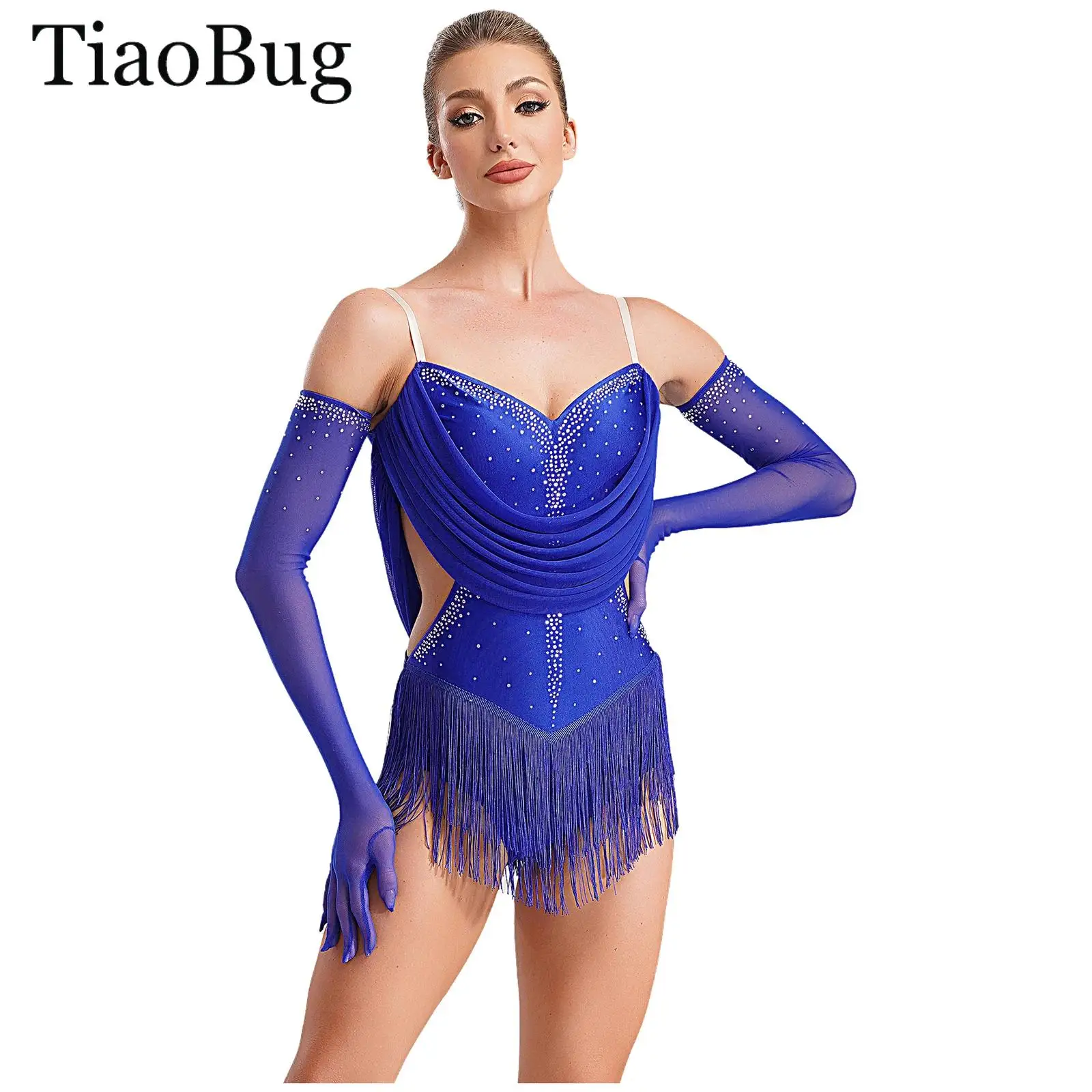 

Women Tassel Latin Dance Leotard Dress Rhinestones Backless Fringed Bodysuit with Gloves Skating Cha-Cha Tango Salsa Dance Wear