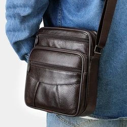 Bolsa de ombro de couro genuíno masculina, bolsa transversal masculina de negócios e lazer, bolsa portátil de grande capacidade, zíper, multicamada