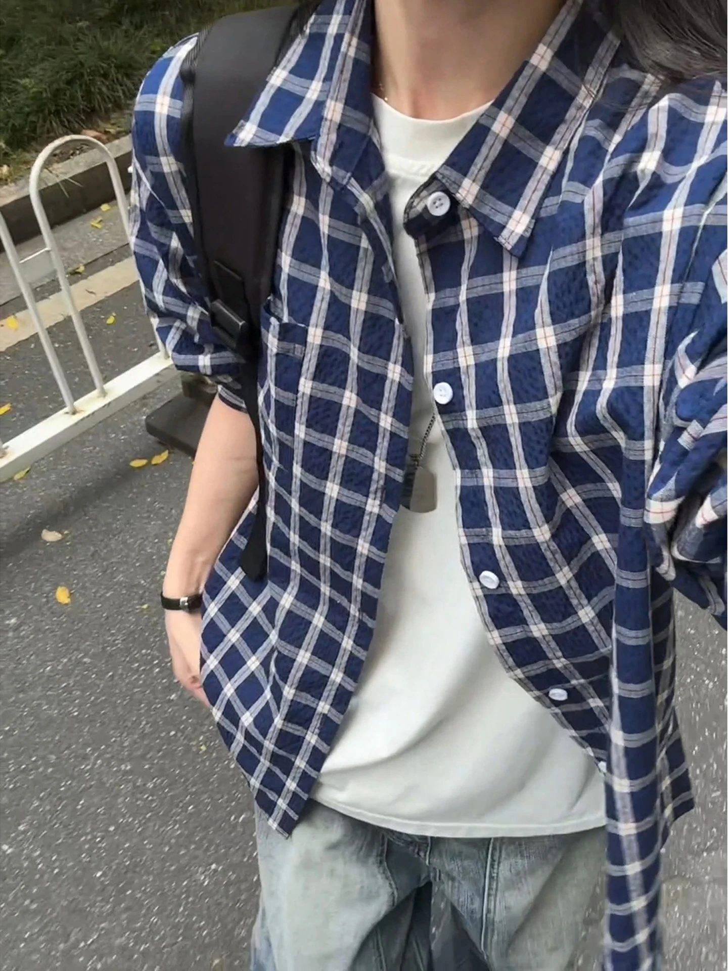 

Blue Plaid Bubble irt Men's Long Sve Layering irt Lazy Sle Autumn Outfit Cleanfit Couple Jaet Stand Fit Polyest...