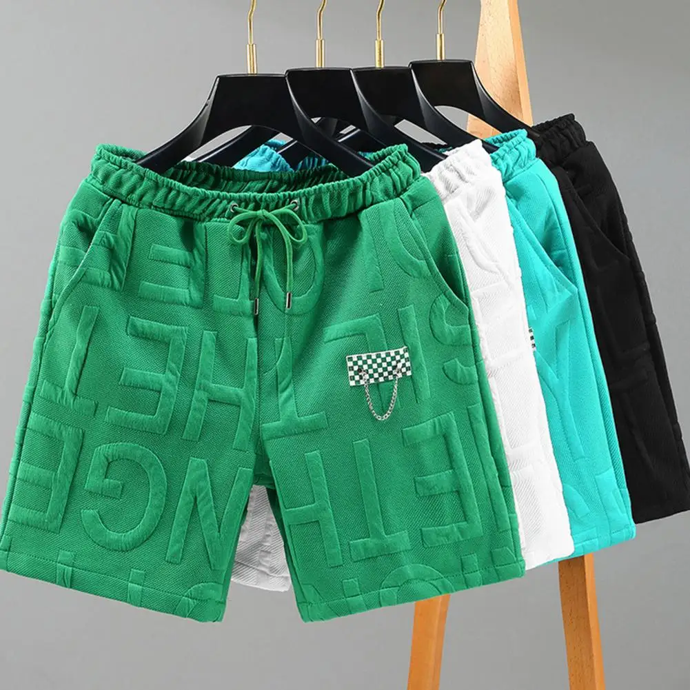 Letters Chain Decoration Shorts Or Men Fashion Knitted Shorts Men Elastic Waist Breathable Short Trousers Casual Sports Pants