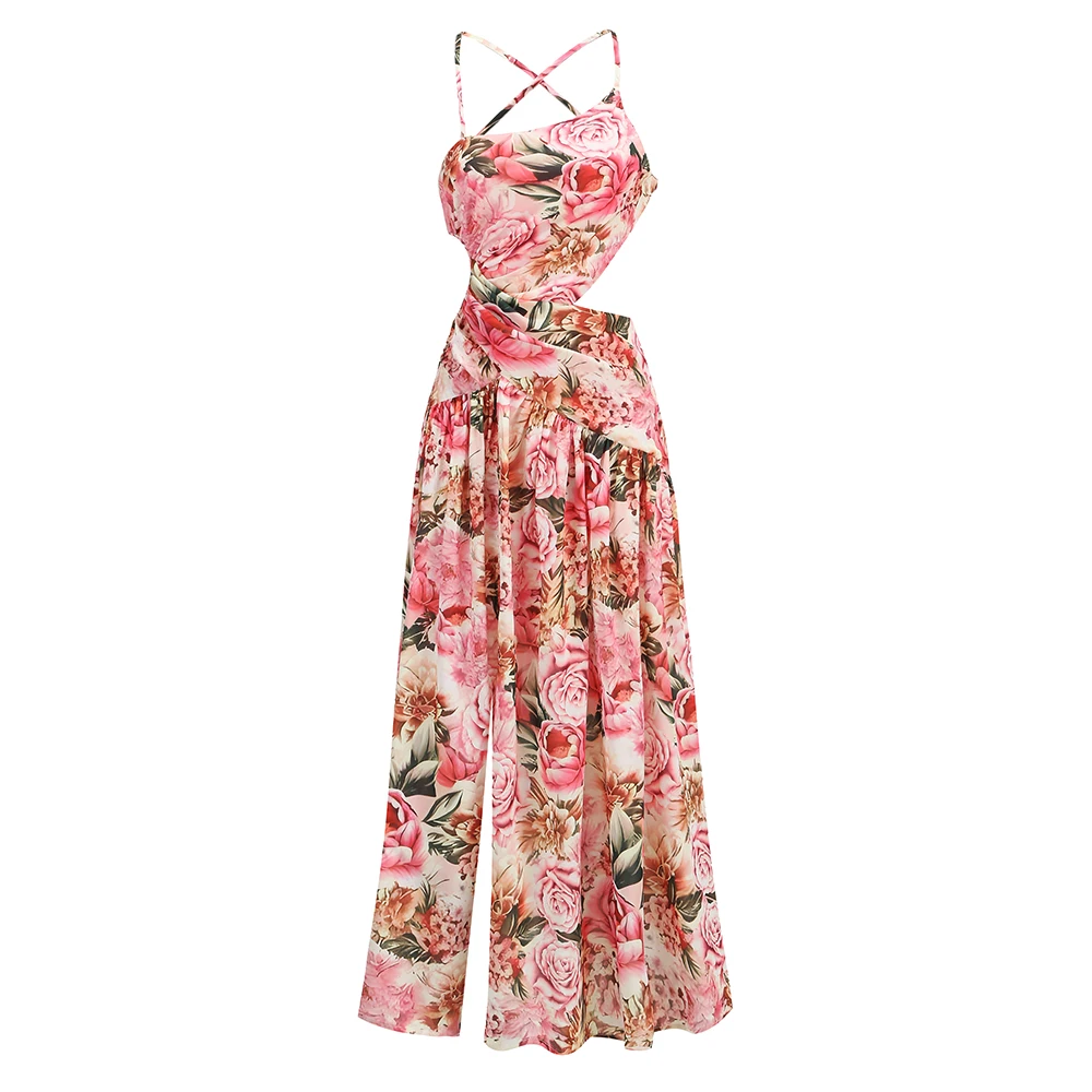 Robe Longue à Imprimé de Fleurs Roses pour Femme, Tenue Sexy à Col Licou, à la Mode, Vacances d'Été, Anniversaire, pour Fille