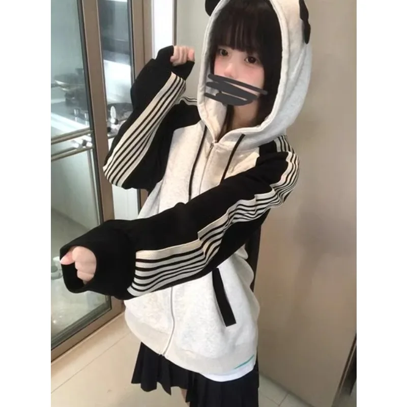 Y2K Black Panda Sportwear Hoodie with Hooded Women's Subculture Cute Coat Kawaii Sweet Harajuku Autumn 2024 Casual Sweatshirts