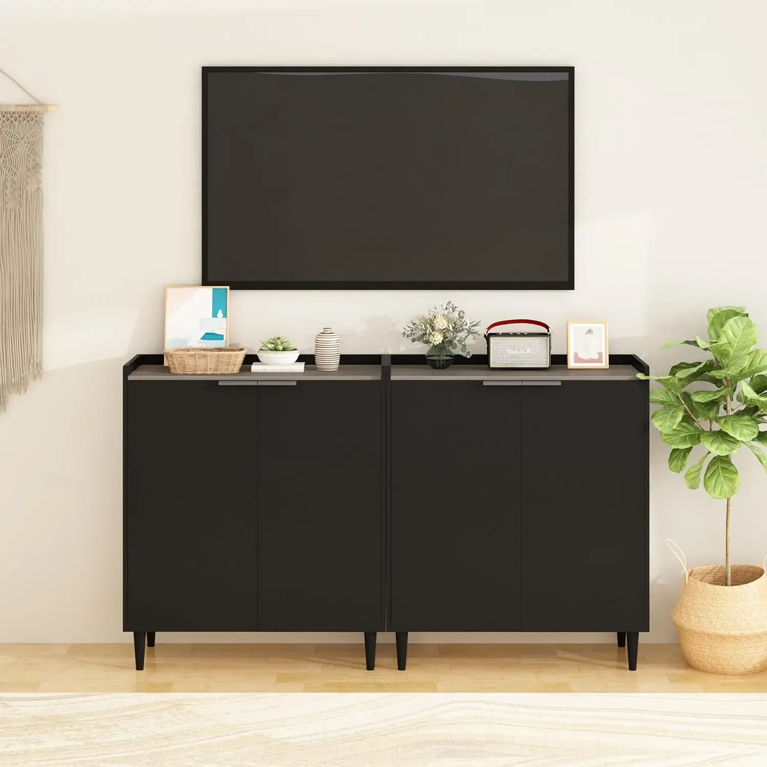 Farmhouse Style 72-Inch Tall Buffet Cabinet with Wine Rack, LED Lighting, and Power Outlet for Bar Area