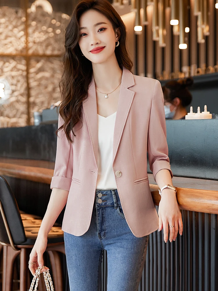 

Розовый женский летний легкий повседневный пиджак с коротким рукавом на пуговицах, приталенный, однотонный, для офиса, модный дизайн