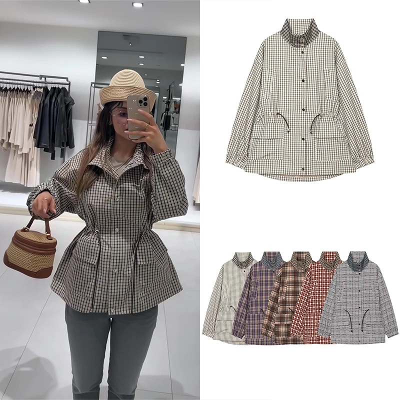 Guobioziy Women's Stand Collar Plaid Jacket 2026 Spring-Autumn New Model French Slim Casual Fashion Trend Daily Street Versatile