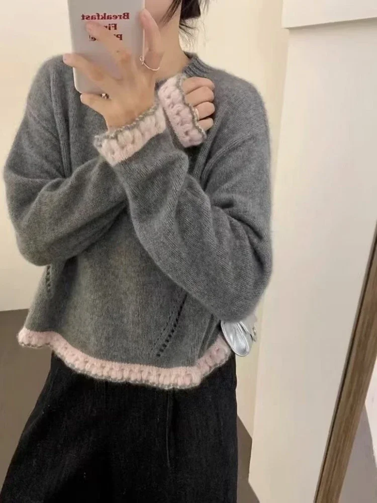 

Women's Sweater Korean Contrast Color Lace Knitting Pullovers 2025 Autumn Winter O-Neck Long Sleeve Splicing Tops Y2K Clothing