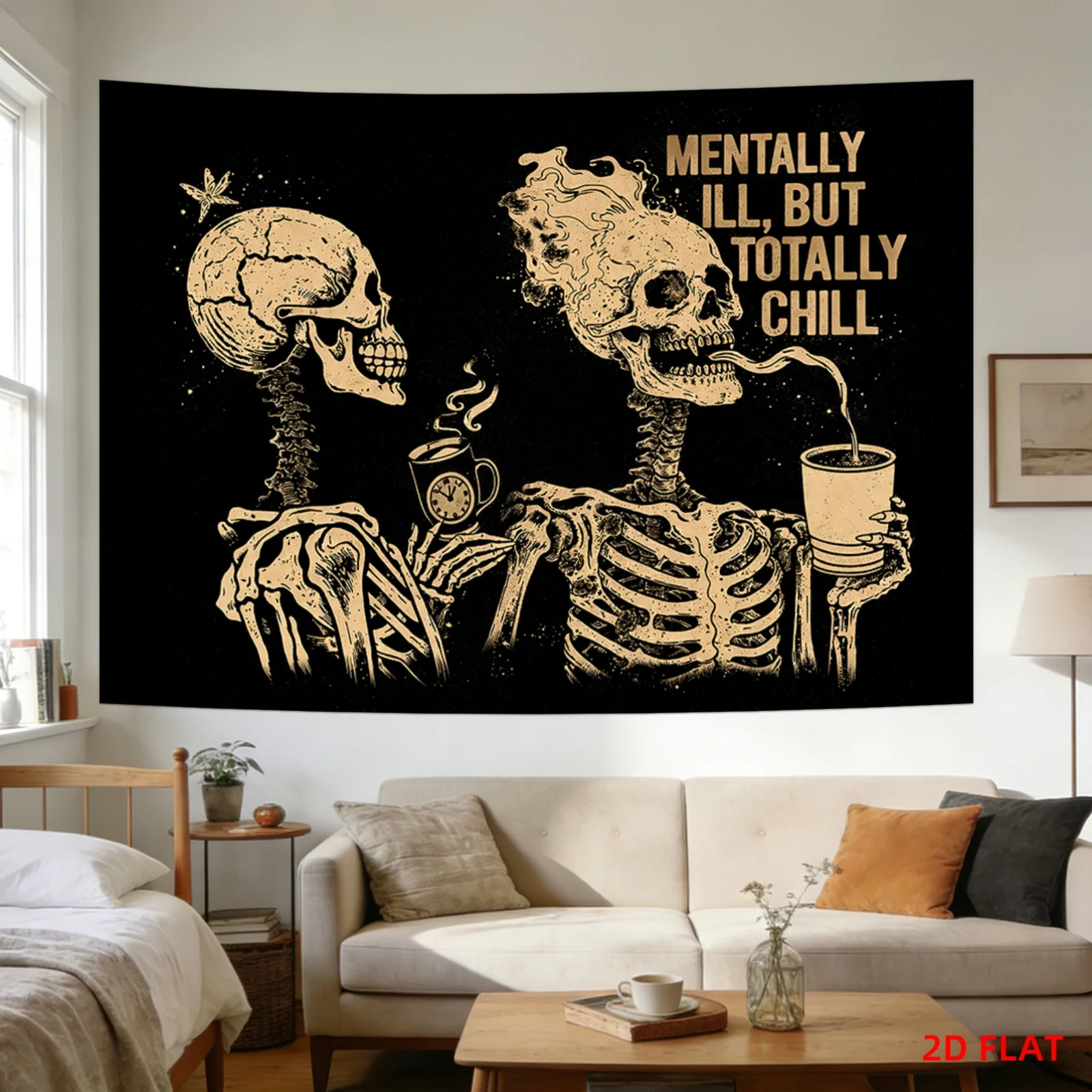 Skeleton Coffee Tapestry, Mentally Ill But Totally Chill Wall Hanging Dark Humor Skull Art Decor, Gothic Dorm Bedroom Background
