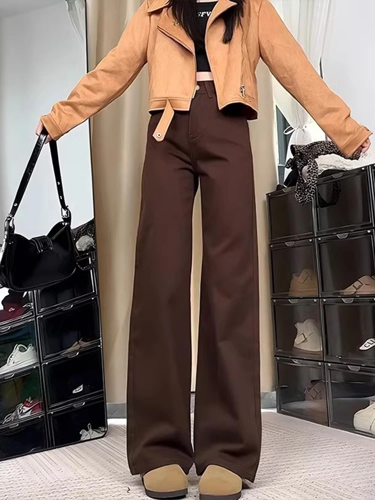 

Loose Wide Leg Straight Cut Jeans Men's Autumn Winter American Retro Pants Cleanfit Bell Bot Coffee Color Youth Trend