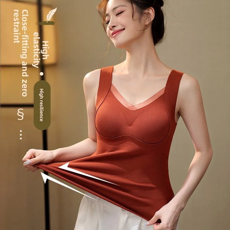 Dames hiver tasse fixe épaissi chaud maison vêtements à la mode à la mode dentelle avec coussin de poitrine intégré gilet chaud en velours allemand