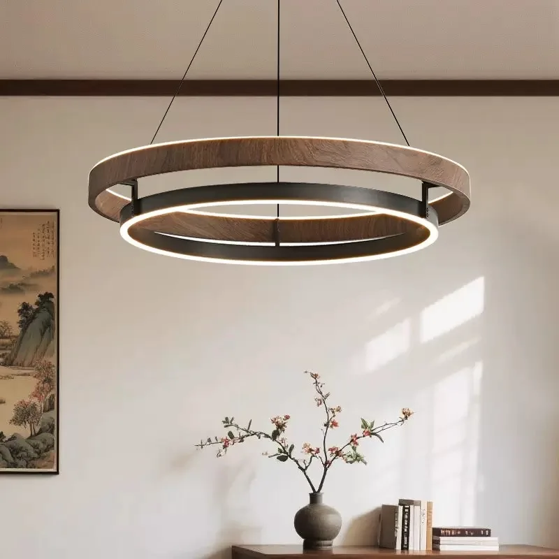 New Designer Minimalist Wood Grain Color Wabi-Sabi Style Circular Pendant Lamp for Living Room Chandeliers Pendant Lights