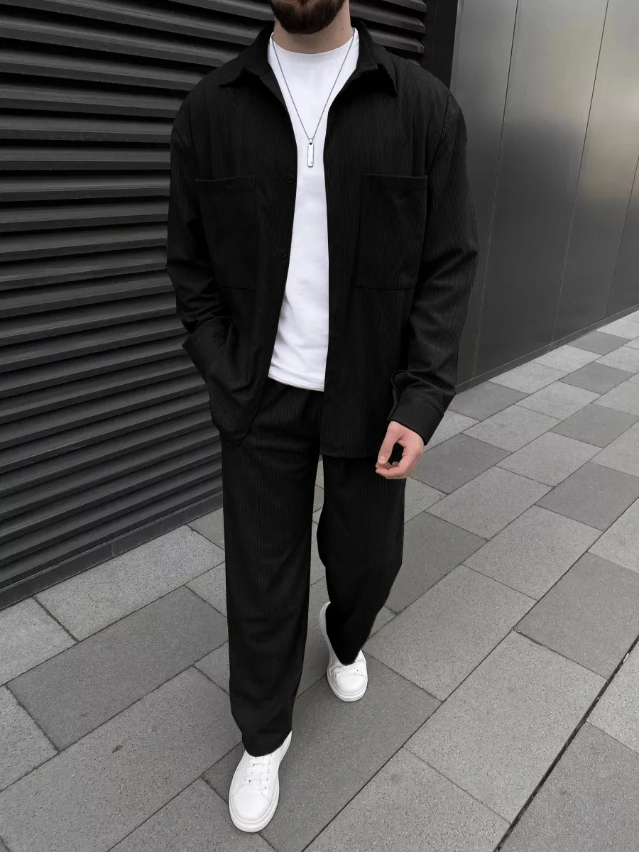 New solid color men's suit chest pocket design simple daily fashion long sleeve trousers high quality classic style