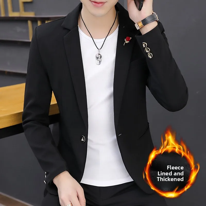

Thiened Fce Autumn Winter Men's Casual Sle Korean Version Long Sve Suit Jaet Young Men's Faion Outerwear