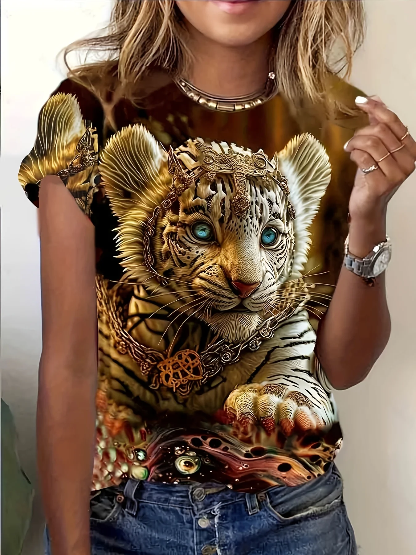 Women Crew Neck Short Sleeve T-shirt Luxury Ornamented Blue Eyes Baby Tiger 3D Print Brown Gradient Casual  Streetwear Top