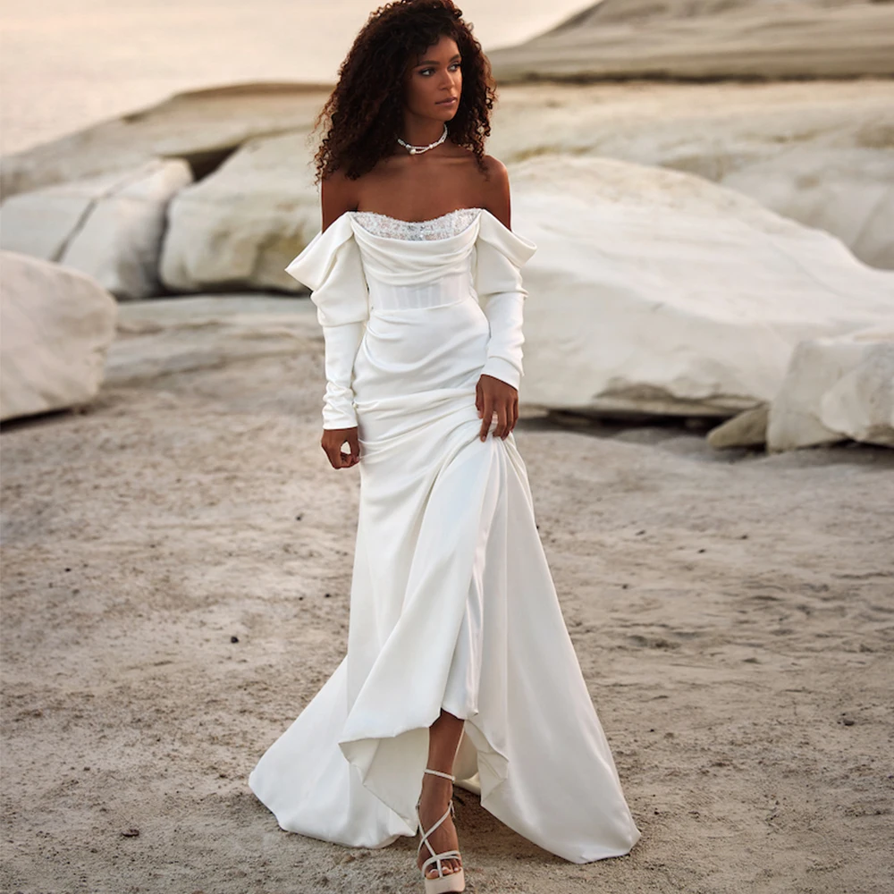 

Simple Off the Shoulder Long Sleeves Wedding Dress Elegant Mermaid Bridal Floor Length Open Back with Pleat and Lace Gowns