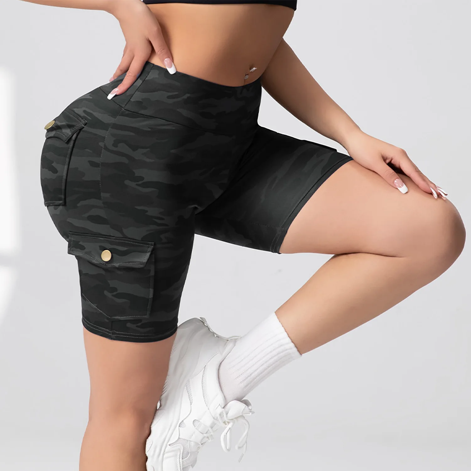 Pockets Camouflage Women's Sports Shorts High Waist Push Up Cycling Pants Fitness Outdoors Running Workout Shorts