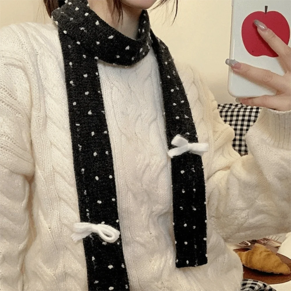 

Мягкая шерстяная шаль с бантом в горошек Harajuku Y2K, вязаный шарф, сохраняющий тепло, длинные узкие шарфы в корейском стиле, уличная одежда