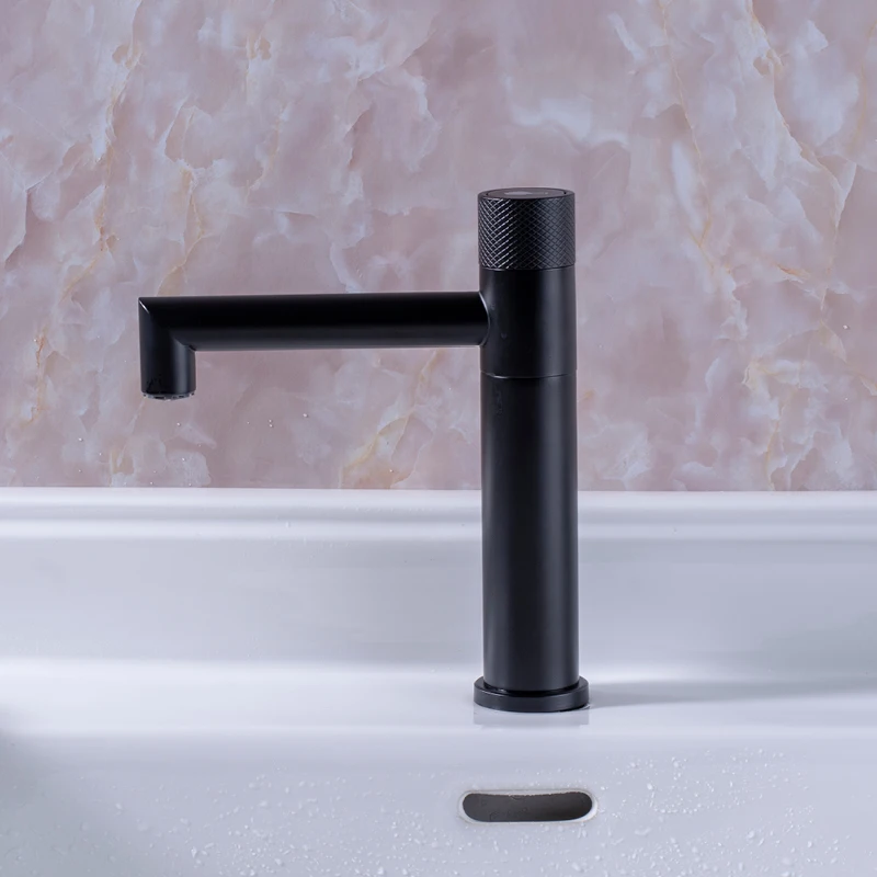 Grifo monomando para lavabo de baño frío, montaje en cubierta, tipo botón de un orificio, giratorio moderno 360 °   Grifo para lavabo de tocador negro