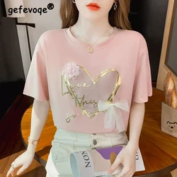 Camiseta de algodón con lazo de flores 3D de estilo coreano para mujer, camisetas informales de manga corta con cuello redondo, ropa de calle Chic que combina con todo, 2023