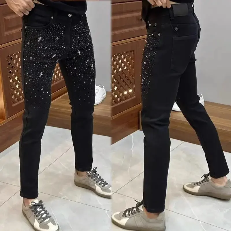 

Pop New Black Stretch Stylish Korean Style Autumn Casual Jeans With Patch Adornments Pencil Pants Rhineston Luxury Kpop Men