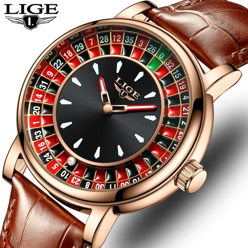 Imagen 1 del producto Reloj LIGE de cuero marrón a la moda para hombre, esfera giratoria, ruleta de Las Vegas, reloj temático de escritorio, relojes luminosos impermeables para hombre