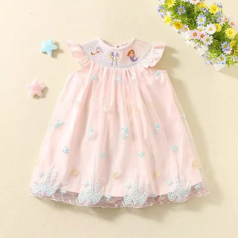 Ins Handmade Kids Boutique Smocked Dress Blue Wrap Embroidered Mesh Wedding Christmas Snowman Dress Princess Clothes