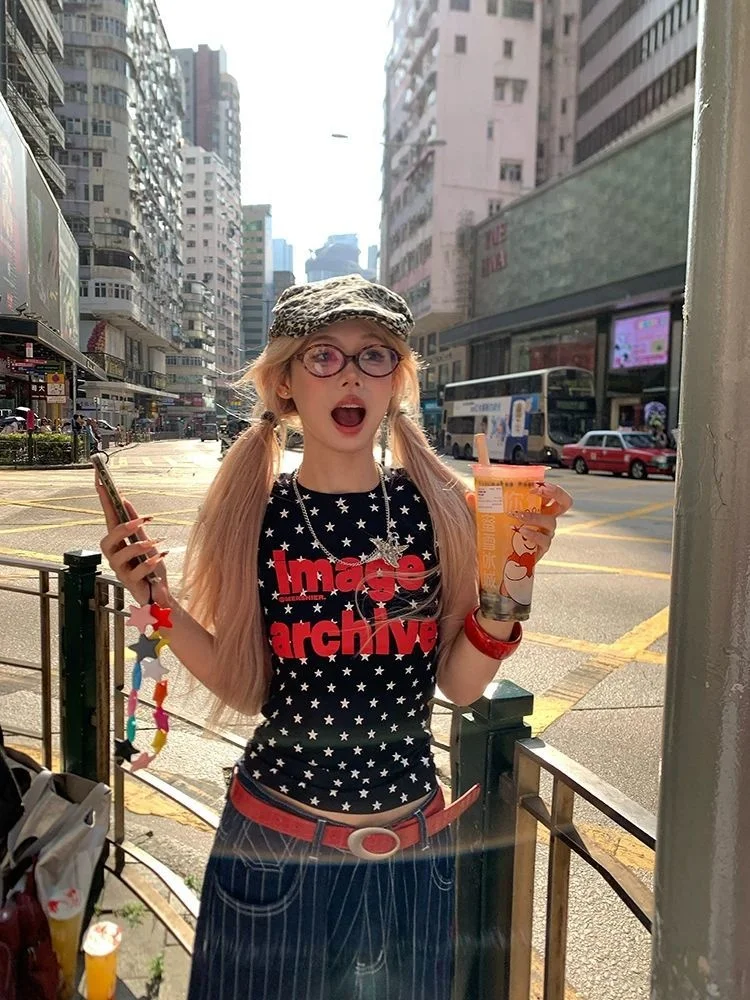 American retro letter star print women's short sleeved T-shirt summer Y2K millennium spicy girl slim fit trend women's tops emo