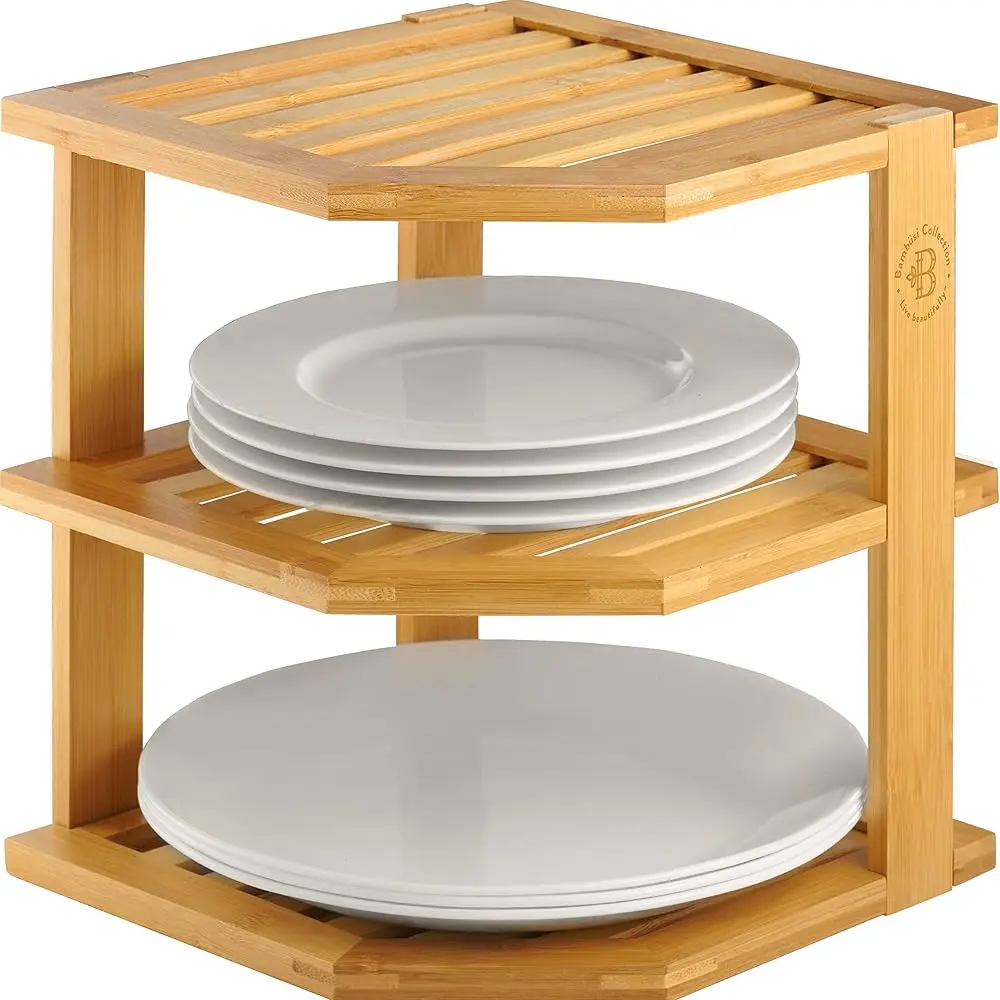 

Cabinet Organizer Shelf - Bamboo Corner Ra For Kitchen Counter, Cabinet Space Saver For Plates, Dishes, Bowls, Bread Pantry,