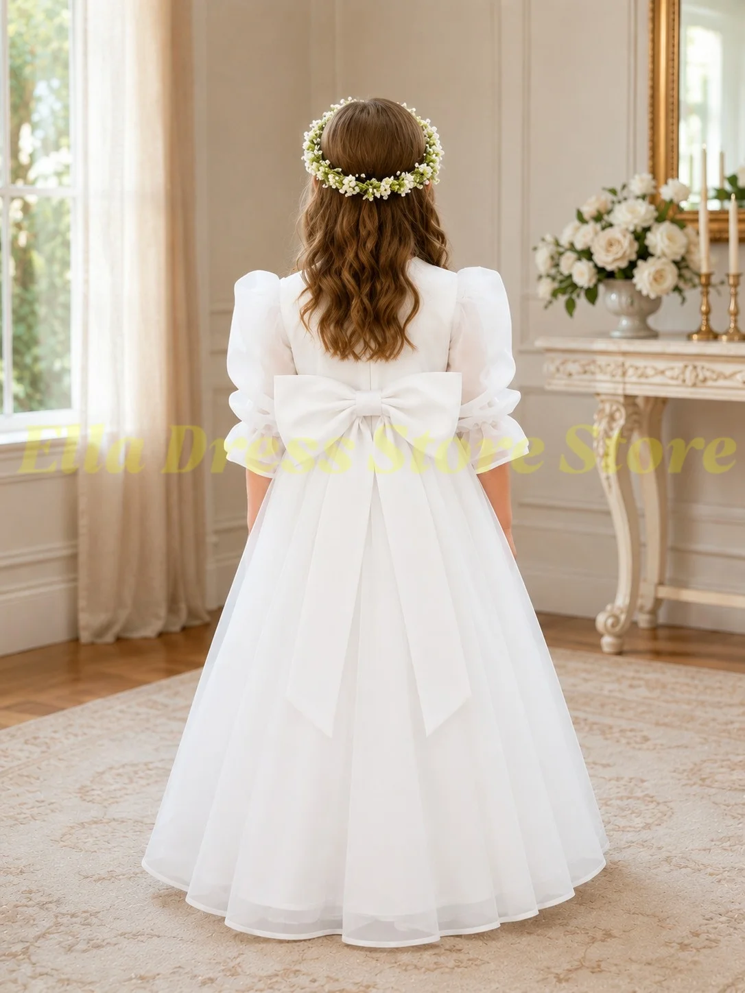 Maßgeschneidertes Großhandels-Blumenmädchenkleid in Hellrosa für Hochzeit, 3/4-Ärmel, Brautjungfernkleid, Geburtstagsfeier, Erstkommunion, Ballkleid – Detail 3