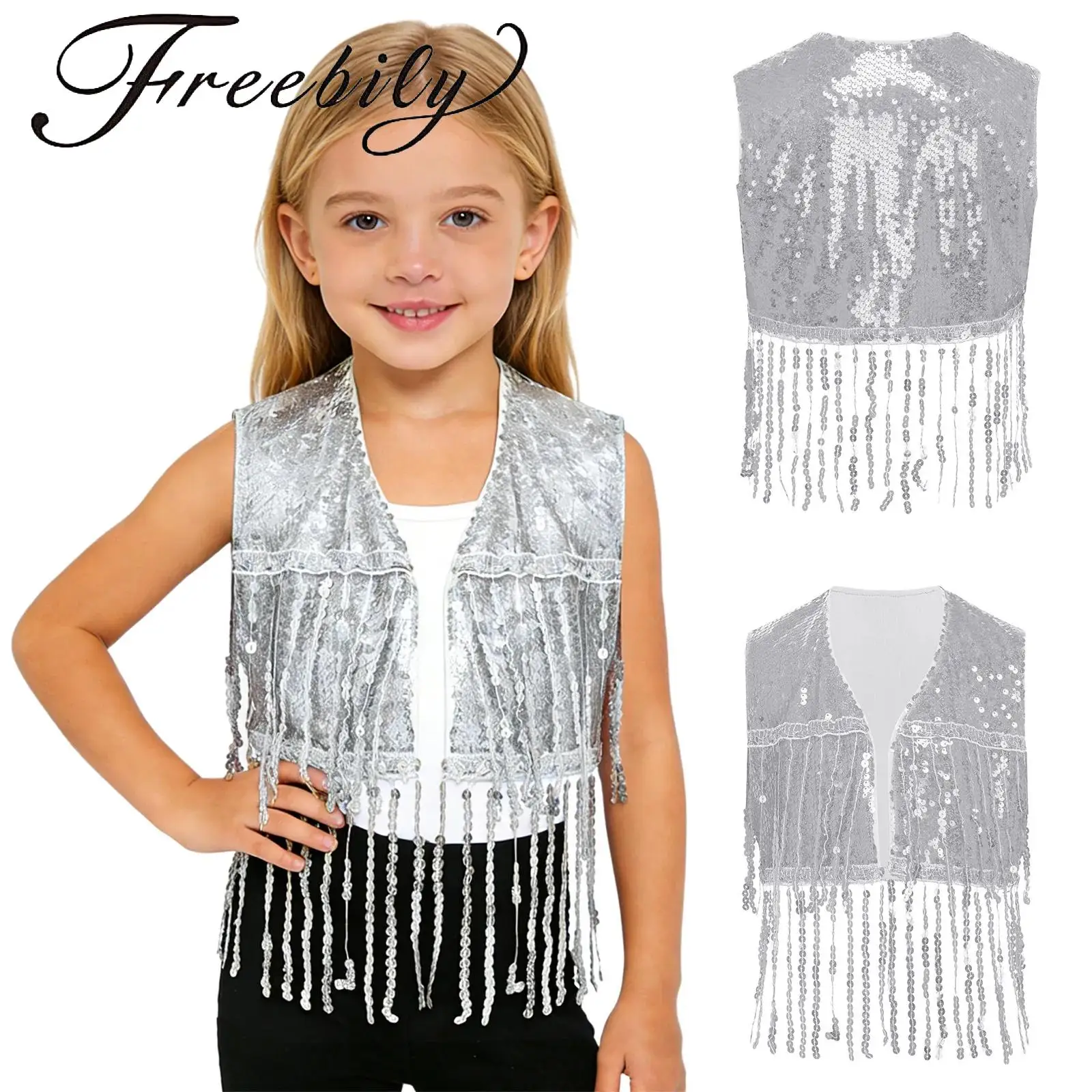 

Kids Girls Shiny Sequin Jazz Vest Sleeveless Tassel Open Front Fringed Crop Top Waistcoat for Dance Performance Competition