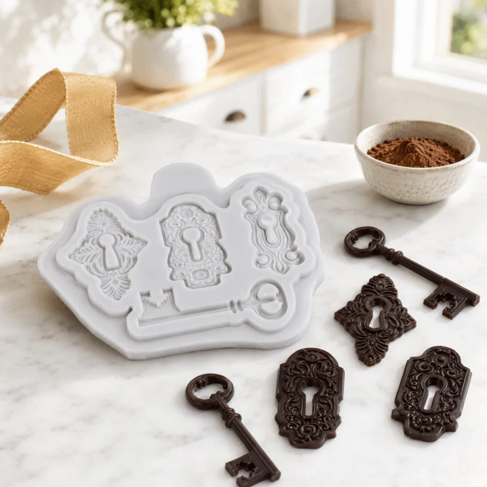 Gray Color Silicone Fondant Mold Fondant Compatible Steampunk Design Chocolate Baking Mold Lock And Key Mini Size DIY Craft Mold