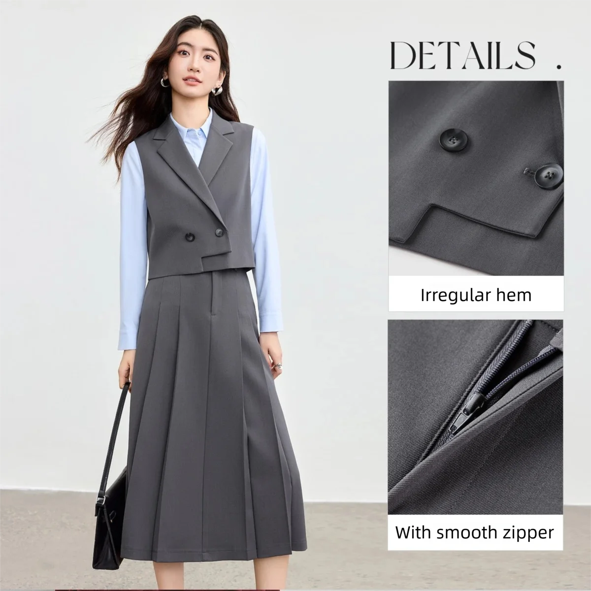 SENTUBILA Skirt Suits Solid Double Breasted Notched Lapel Asymmetrical Vest Elasticated High-Waist A-Line Pleated Skirt153ZA2894