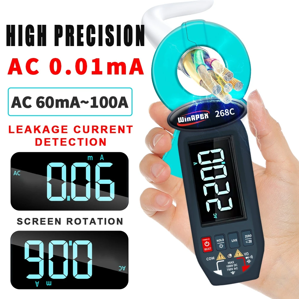 

Winapex Digital Clamp Meter 0.01mA Electrical Leak Current Detect Ammeter AC 60mA-100A Ture RMS LCD Multimeter Electrician Tools