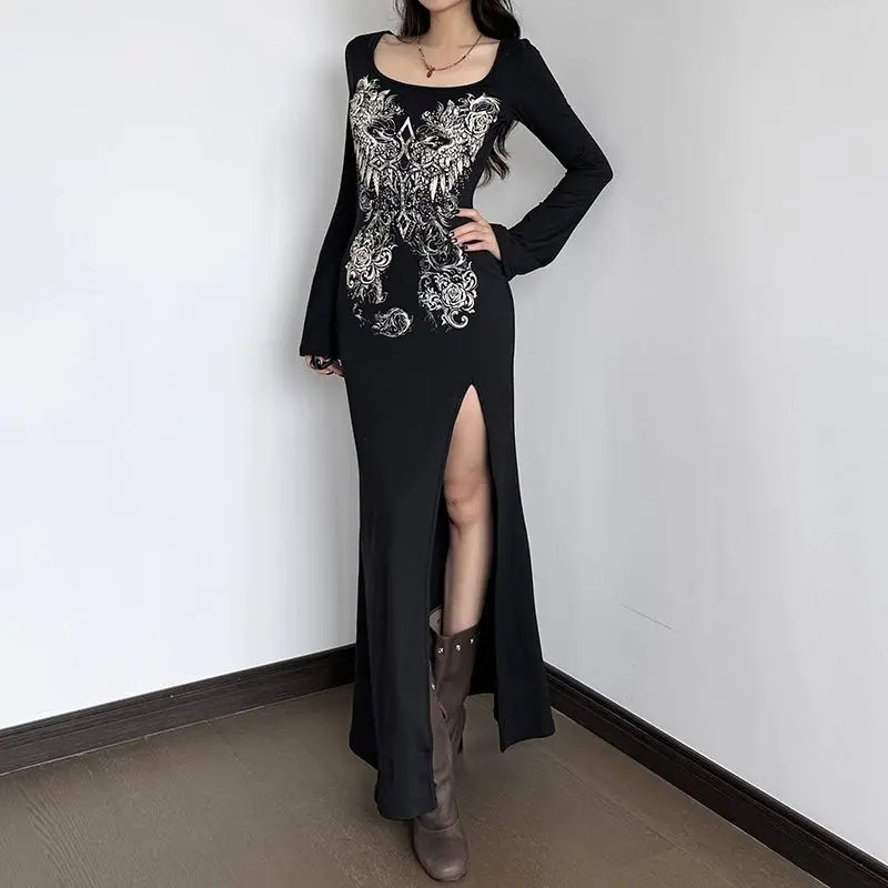 Summer Fashion Collection Women's Elegant Tight Printed Dress Retro Spicy Street Split Long Sleeve Design Long Dress